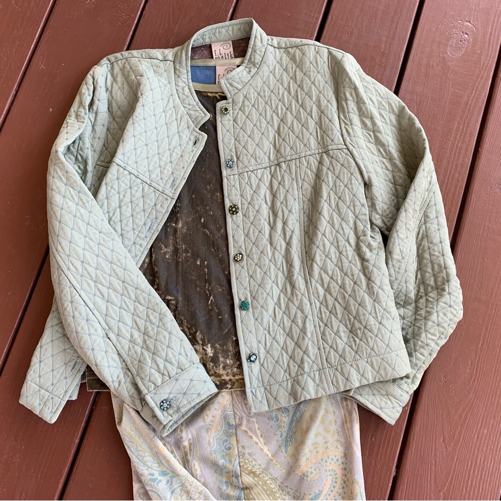 F. L. Malik 3 piece Pant Set with Quilted Light Green Jacket